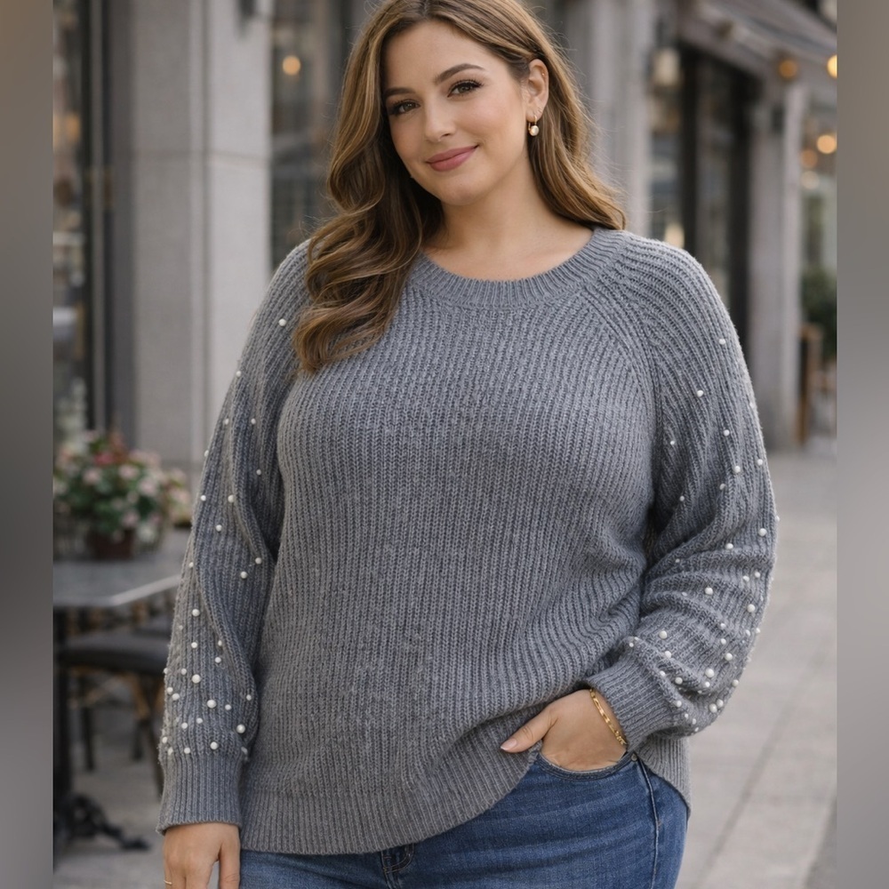 Dex Gray Pearl Embellished Sweater 1X Knit Crewneck Cozy Chic